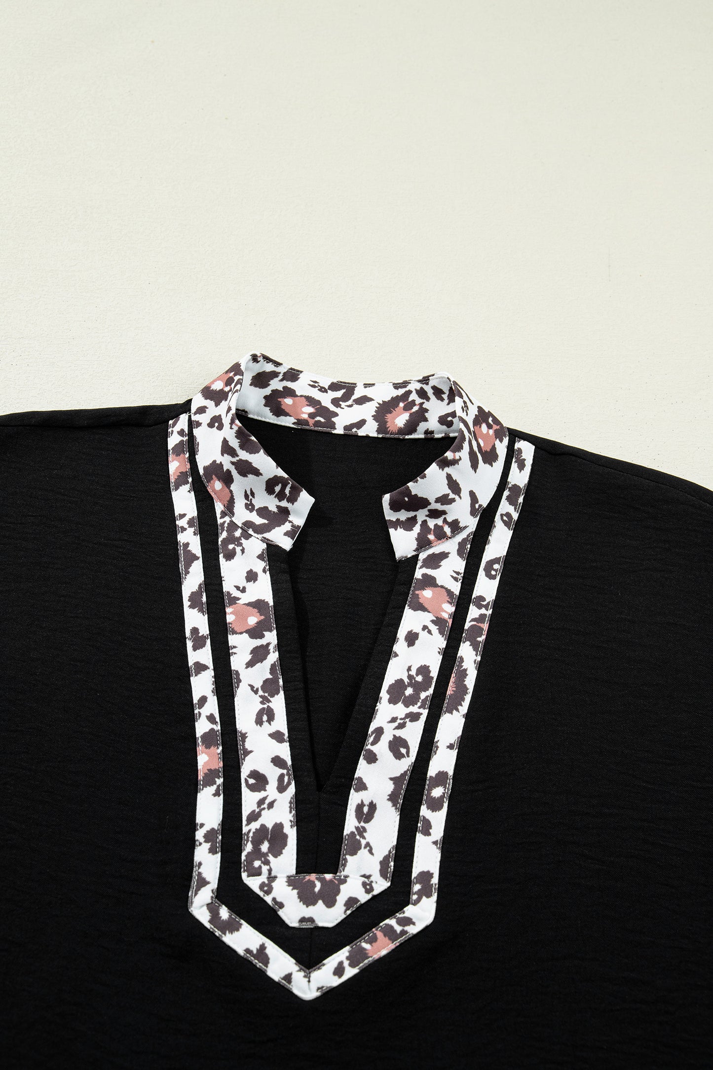 Leopard Trim V-Neck Blouse – Relaxed Fit Statement Top
