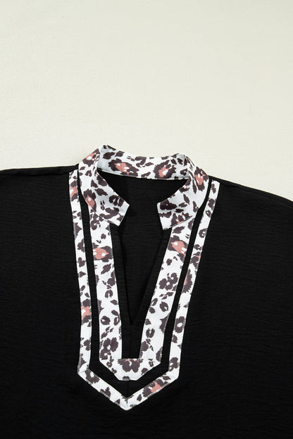 Leopard Trim V-Neck Blouse – Relaxed Fit Statement Top