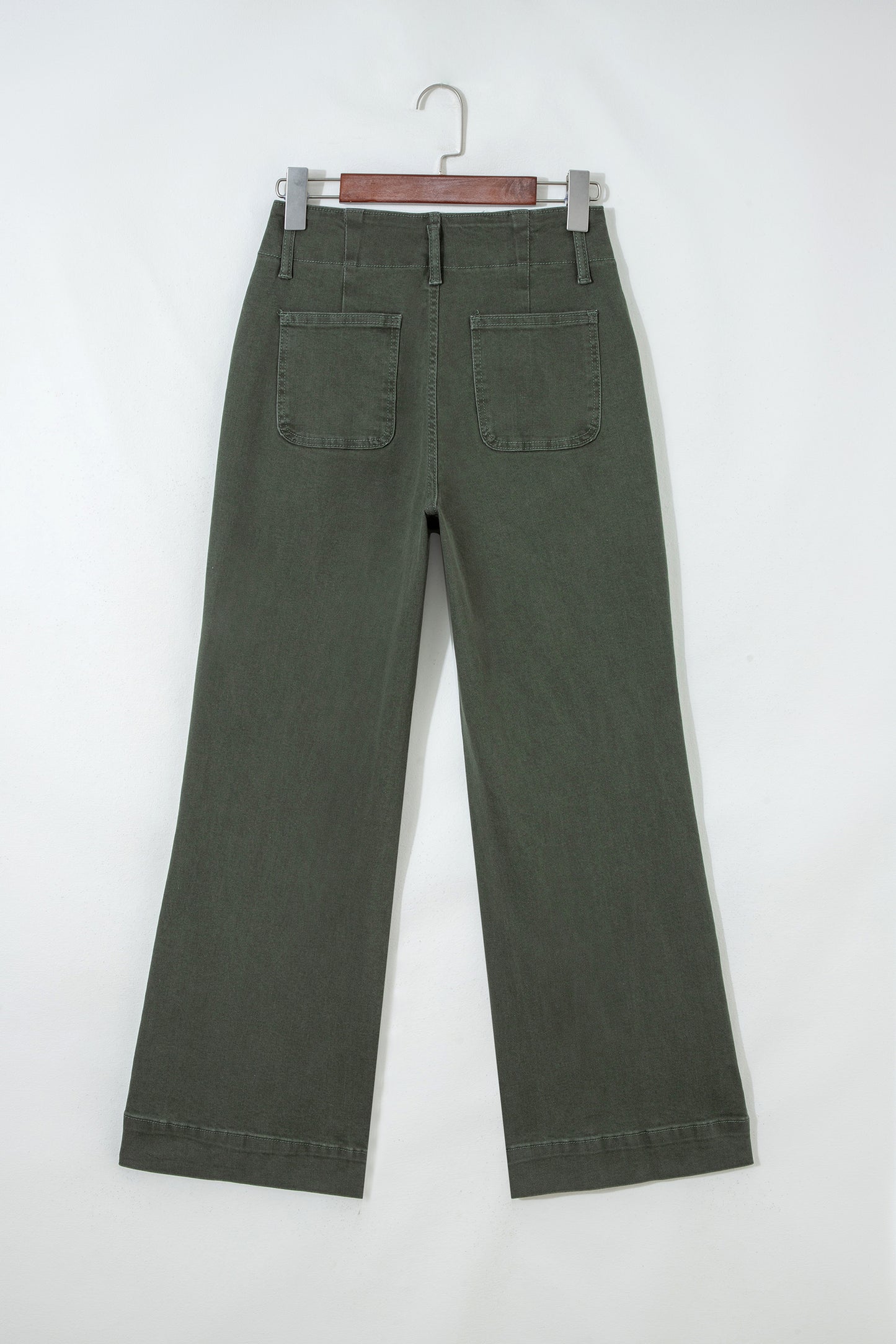 Olive green high rise wide leg jeans with double-button waistband, front pockets and cropped hem.