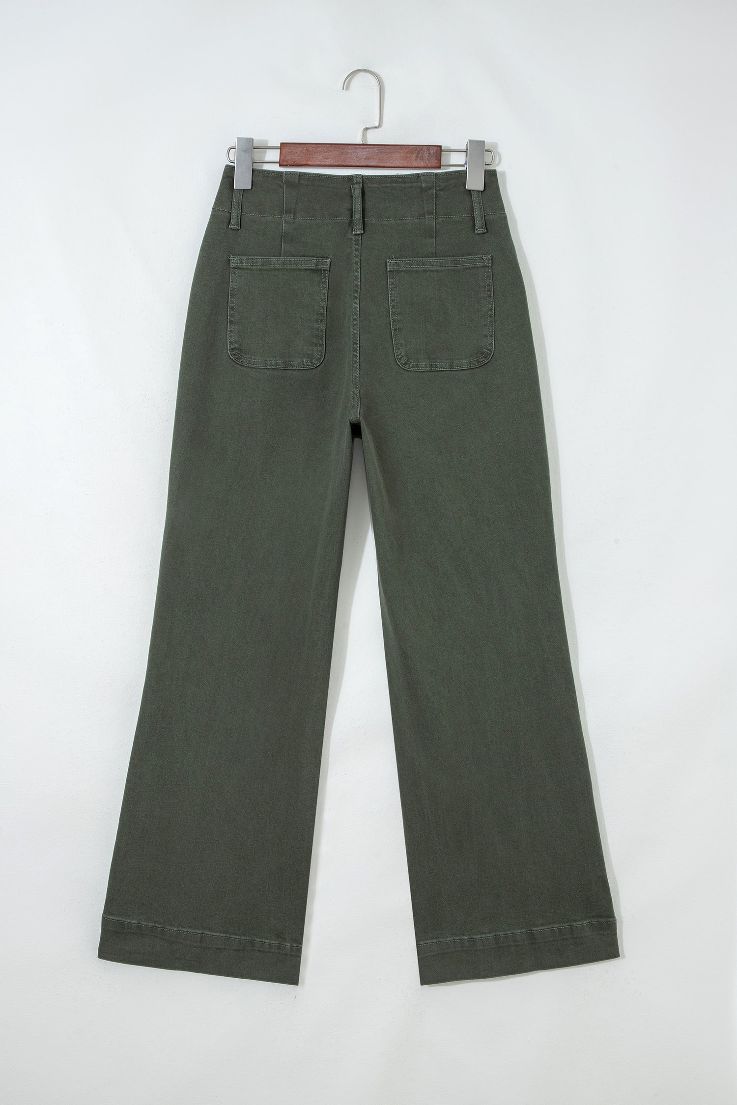 Olive green high rise wide leg jeans with double-button waistband, front pockets and cropped hem.