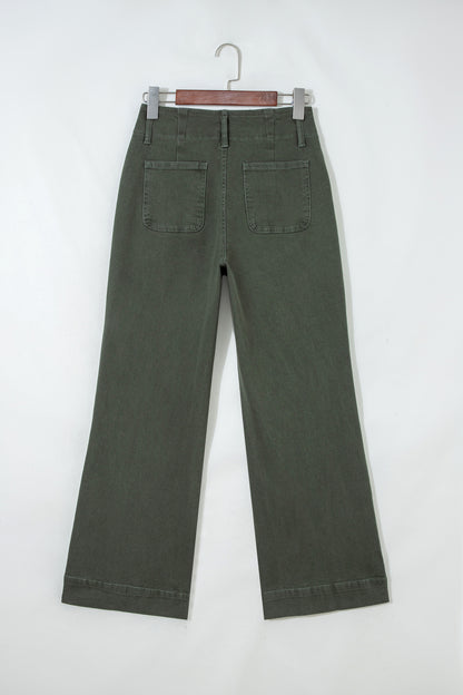 Olive green high rise wide leg jeans with double-button waistband, front pockets and cropped hem.
