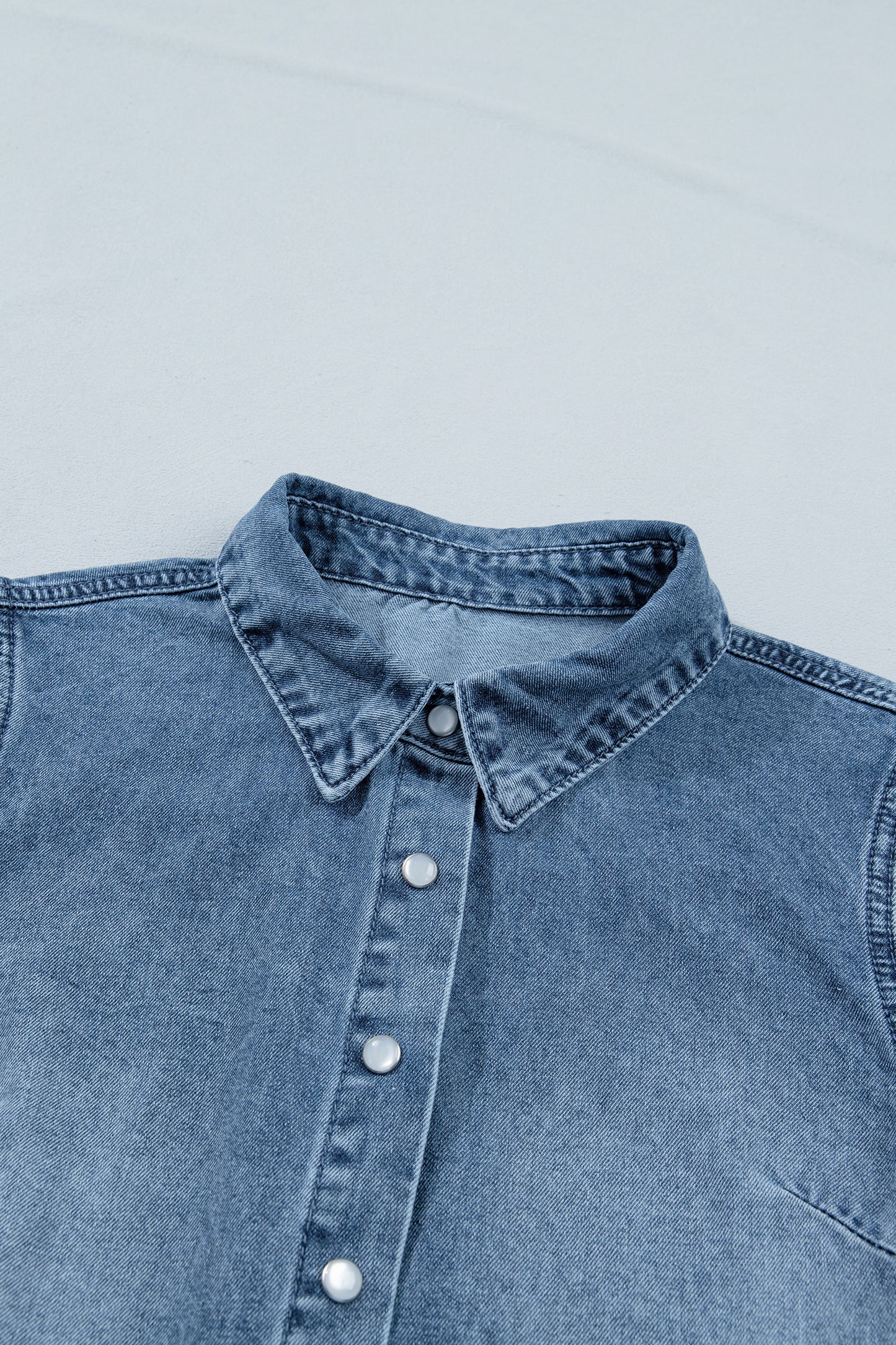 Washed Denim Puff Sleeve Button Front Blouse – Casual Everyday Top