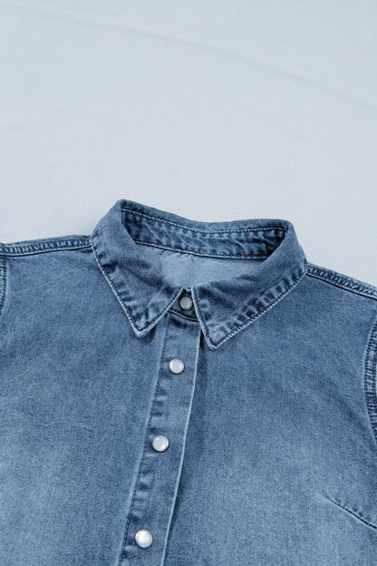 Washed Denim Puff Sleeve Button Front Blouse – Casual Everyday Top