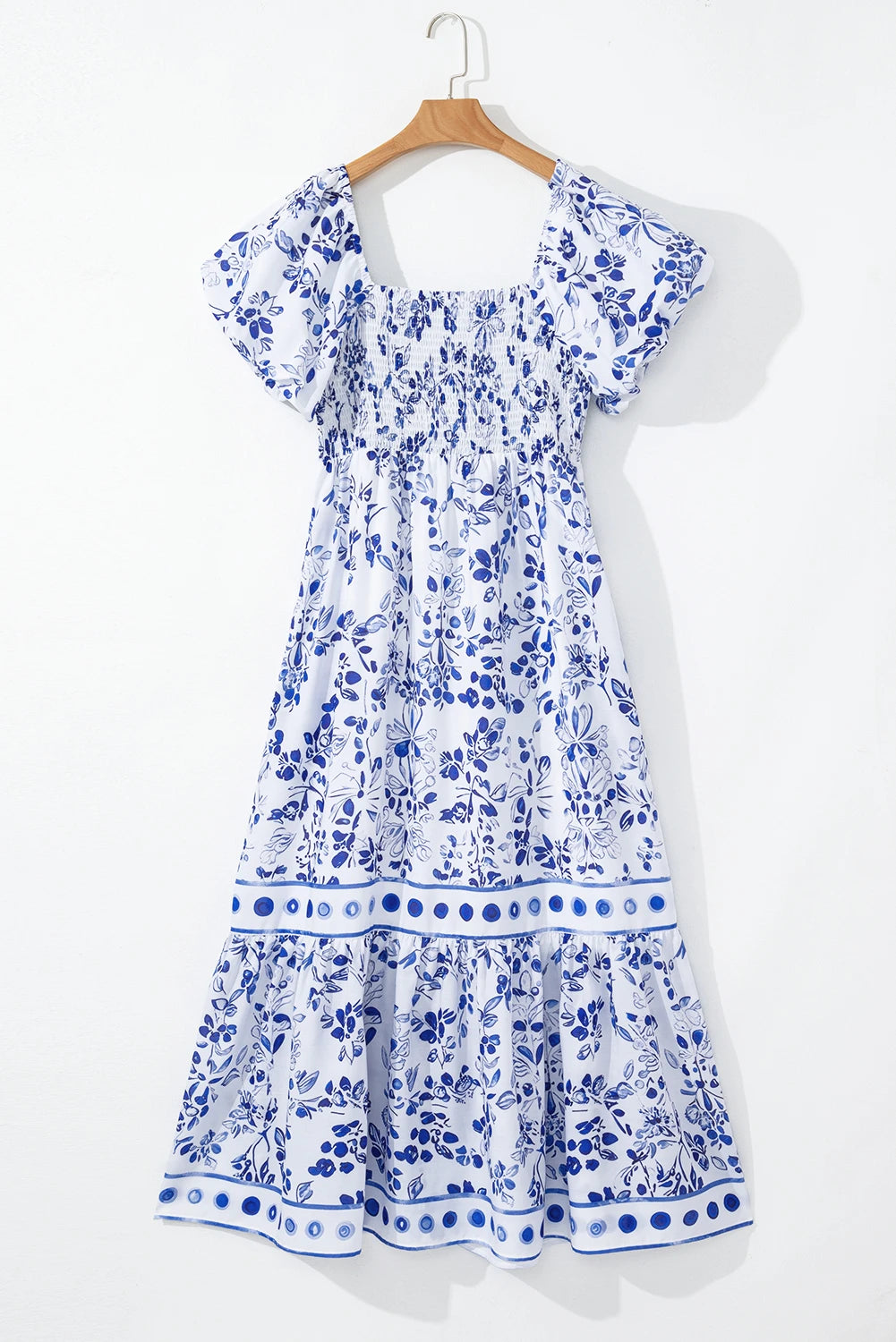 Sky Blue Floral Square Neck Bubble Sleeve Maxi Dress