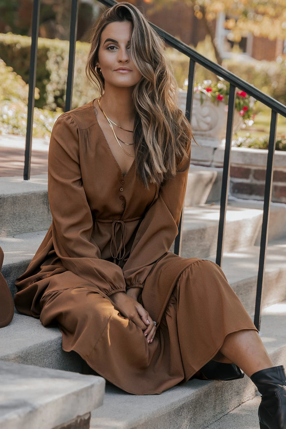 Long Sleeve V‑Neck Button Front Tiered Maxi Dress