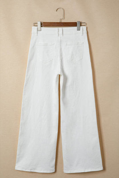Women’s white high-waist wide-leg jeans with classic five-pocket styling and a relaxed full-length silhouette