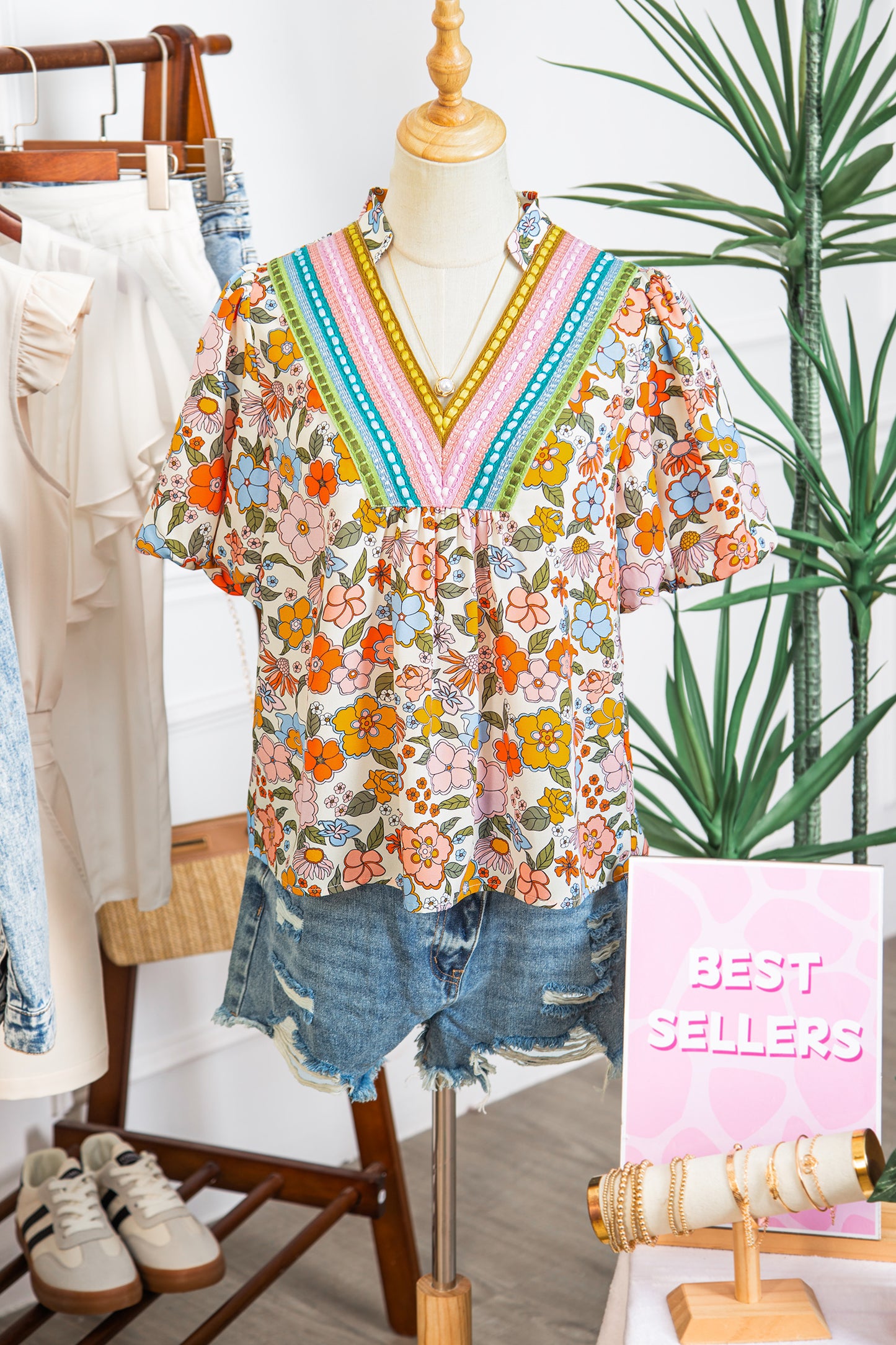 Multicolor Trim Floral V-Neck Blouse – Boho Puff Sleeve Top