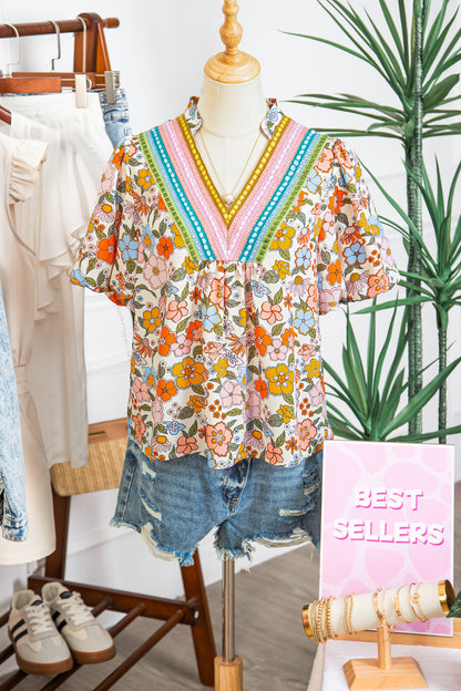 Multicolor Trim Floral V-Neck Blouse – Boho Puff Sleeve Top