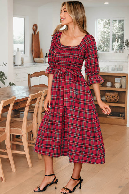 Sienna Plaid Smocked Midi Dress