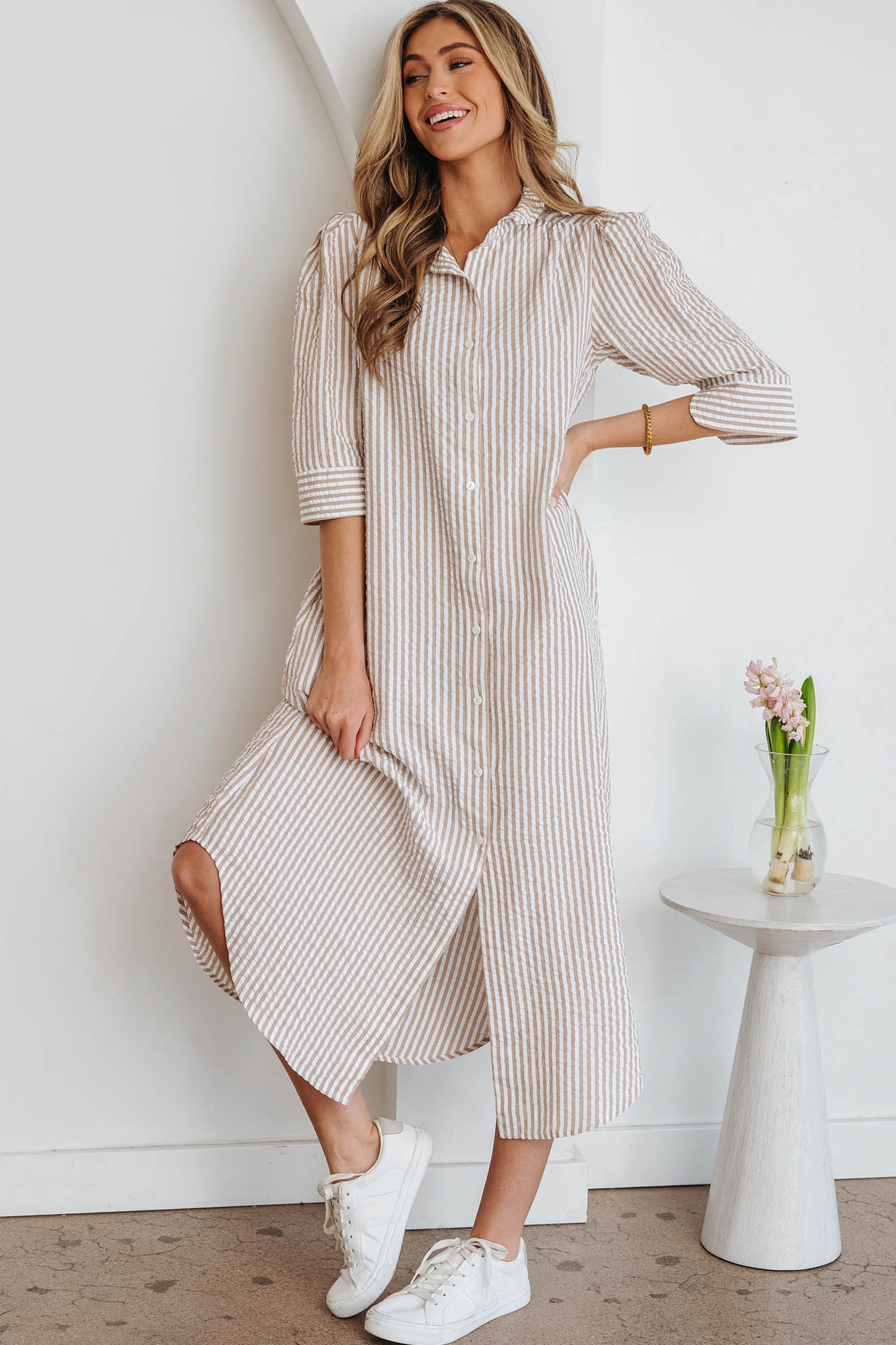 Khaki Striped Button Down Shirt Maxi Dress with Pockets