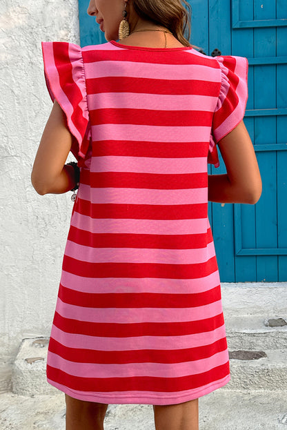 Round Neck Ruffle Sleeve Striped Mini Dress