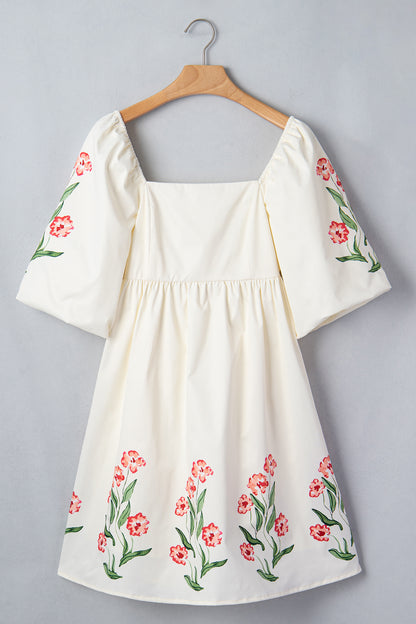 Floral Puff Sleeve Babydoll Mini Dress – Feminine Square Neck Boutique Dress