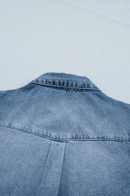 Washed Denim Puff Sleeve Button Front Blouse – Casual Everyday Top