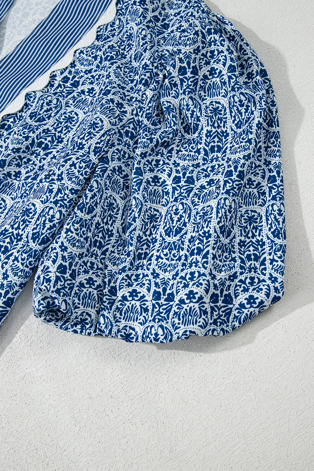 Printed Puff Sleeve Blouse – Striped Neckline Embroidered Trim Top
