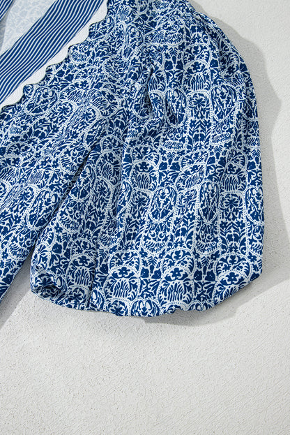 Printed Puff Sleeve Blouse – Striped Neckline Embroidered Trim Top