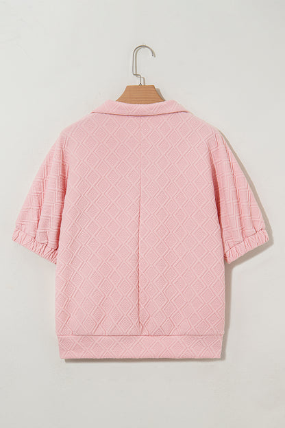 Quilted Zip Collar Puff Sleeve Top – Textured Casual Blouse