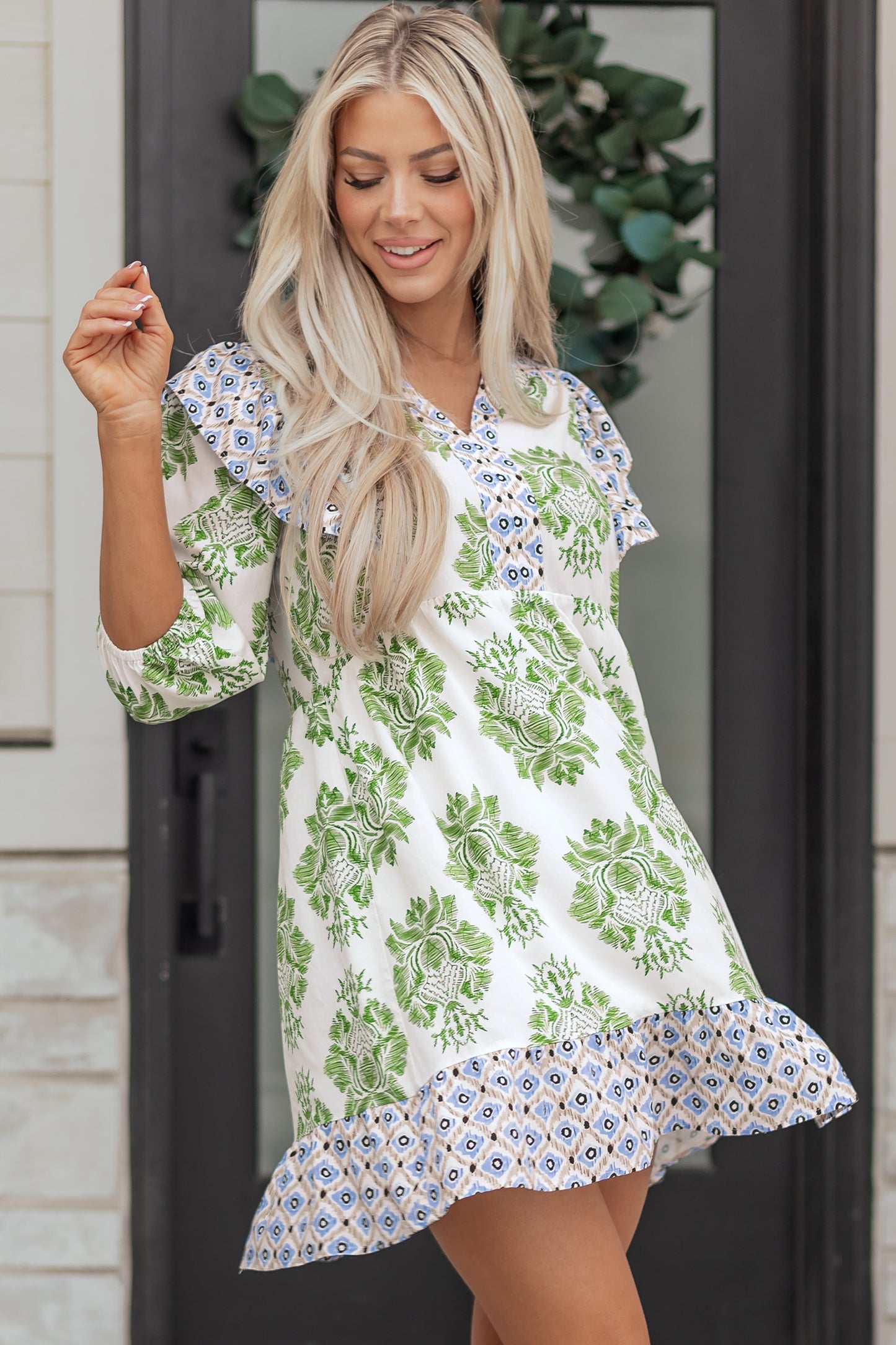 Green Floral Patchwork V-Neck Ruffle Sleeve Mini Dress
