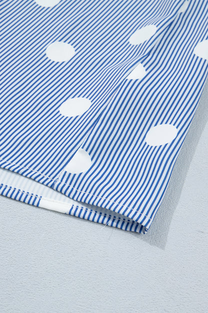 Blue White Striped Polka Dot Ruffle Blouse – Flutter Sleeve Button Front Top