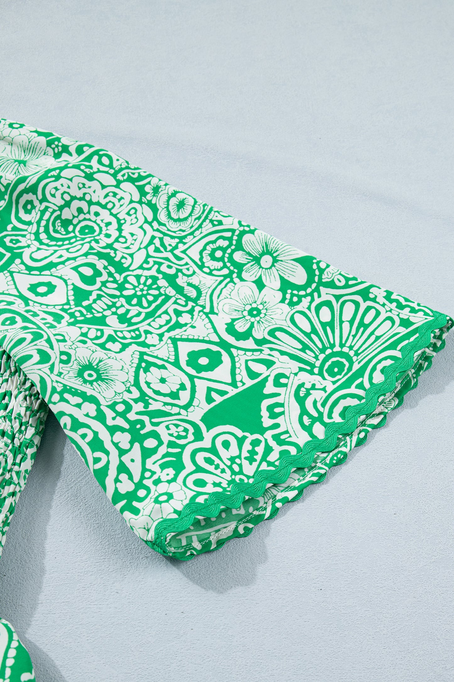 Green Floral Smocked Peplum Short Sleeve Blouse