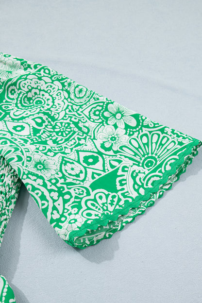 Green Floral Smocked Peplum Short Sleeve Blouse