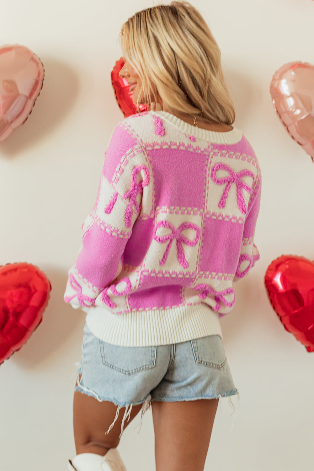 Pink Bow Checkered Knit Sweater