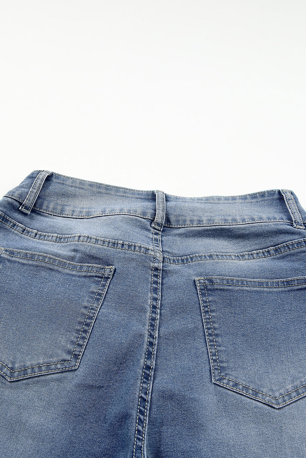 Light Wash Blue High Rise Double Button Straight Leg Jeans – Raw Hem Denim