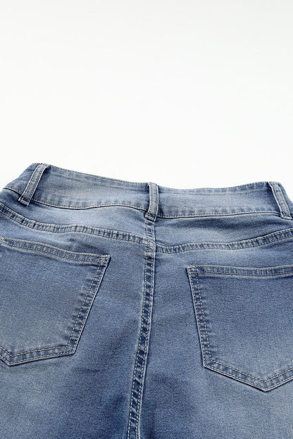 Light Wash Blue High Rise Double Button Straight Leg Jeans – Raw Hem Denim