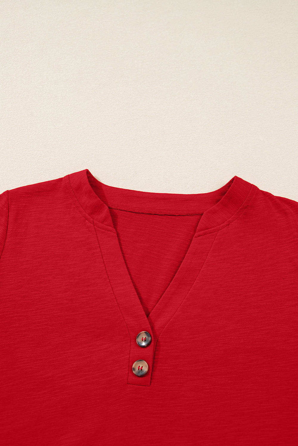 Crimson Red split neck button detail long sleeve top with gathered cuff sleeves