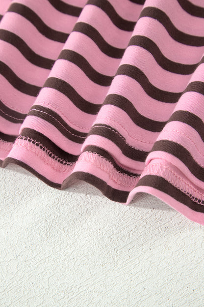 Pink Mocha Striped Puff Sleeve V-Neck T-Shirt – Casual Everyday Top