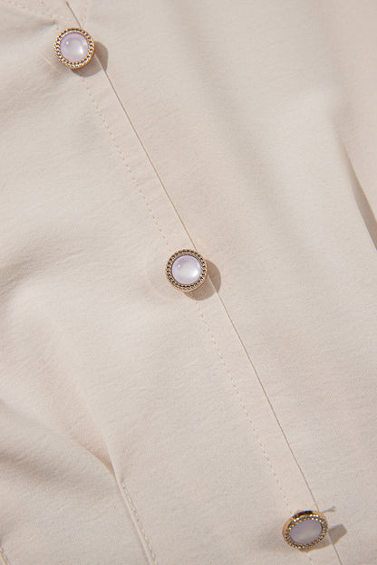 Soft Cream Pearl Button Blouse | Smocked Waist Long Sleeve Top