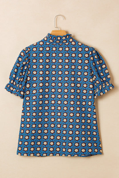 Sky Blue Floral Puff Sleeve Blouse – Casual Everyday Top