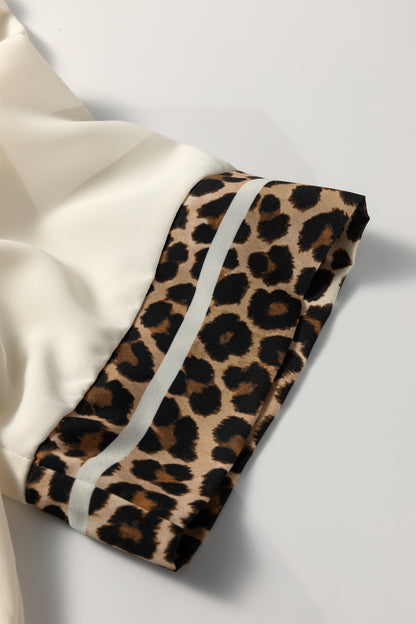 Leopard Trim Notch Neck Blouse – Lightweight Casual Contrast Top