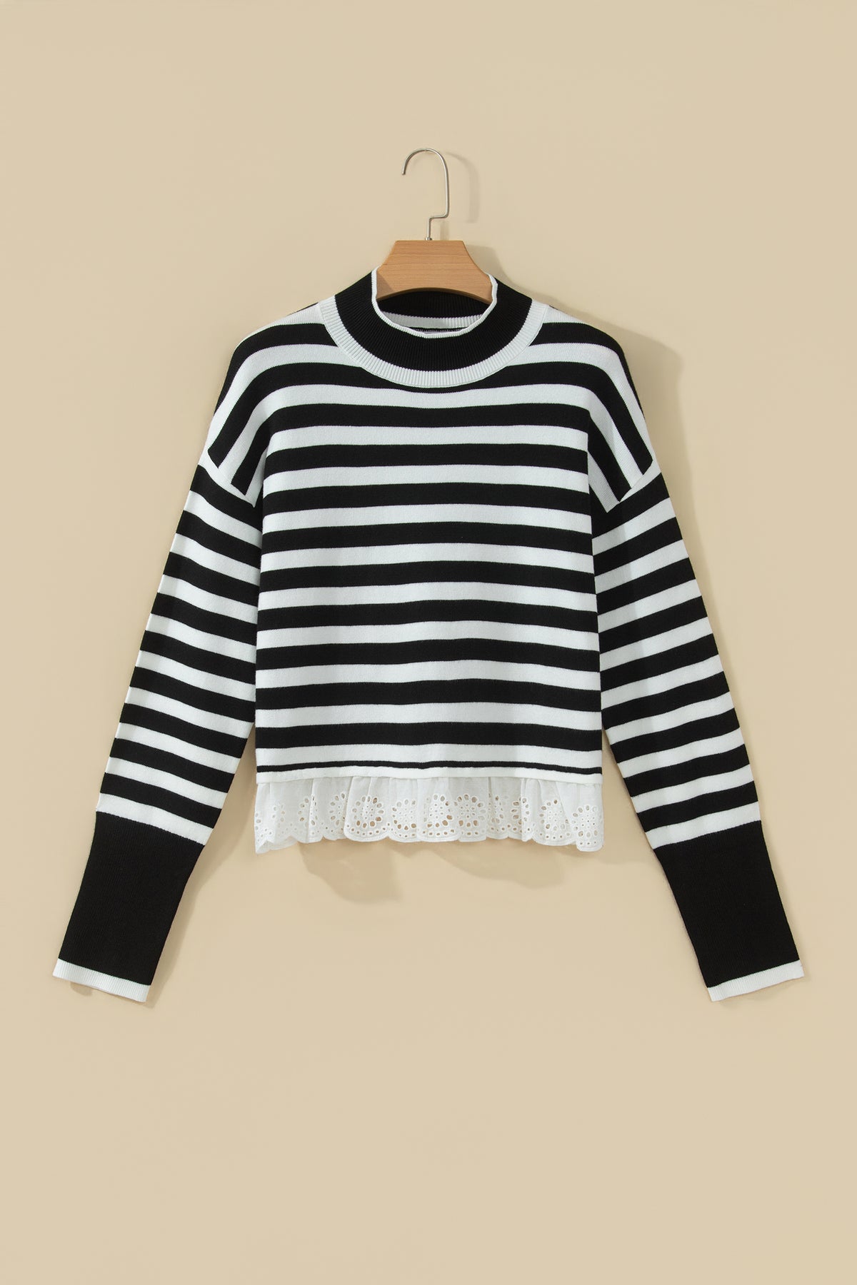 Striped Mock Neck Sweater – Faux Layered Eyelet Lace Hem