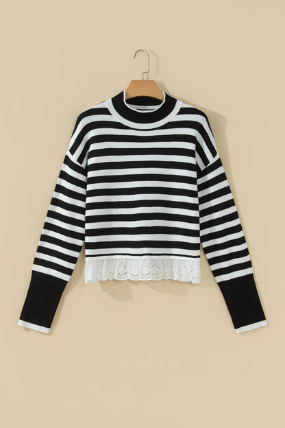 Striped Mock Neck Sweater – Faux Layered Eyelet Lace Hem
