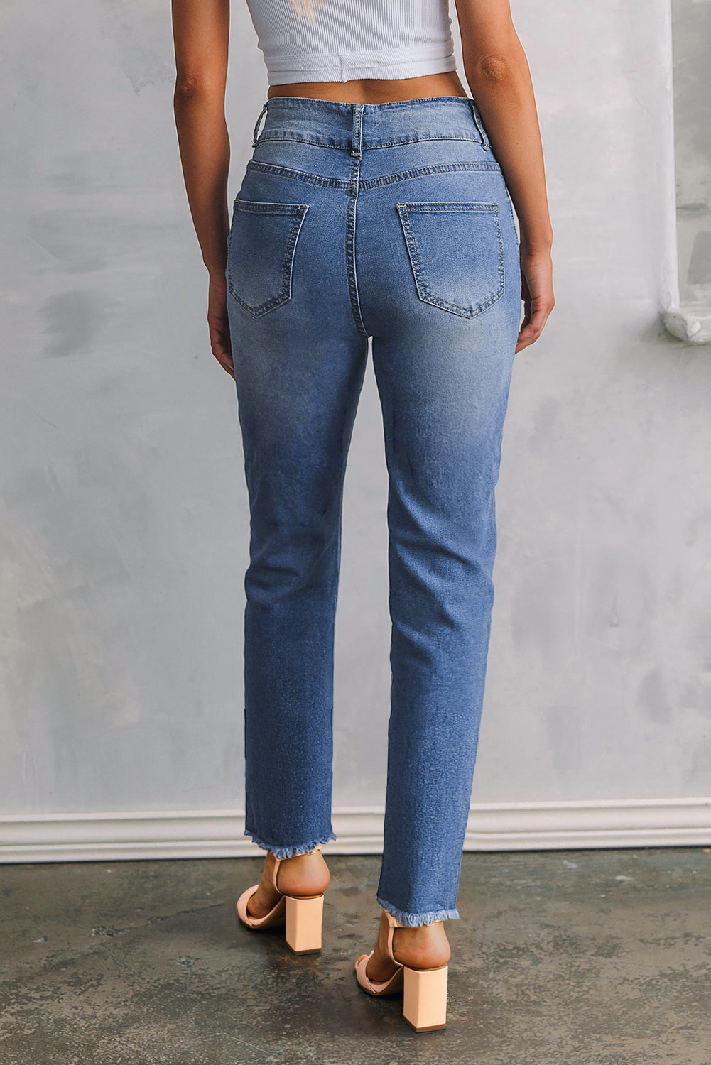Light Wash Blue High Rise Double Button Straight Leg Jeans – Raw Hem Denim