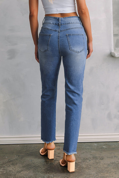 Light Wash Blue High Rise Double Button Straight Leg Jeans – Raw Hem Denim