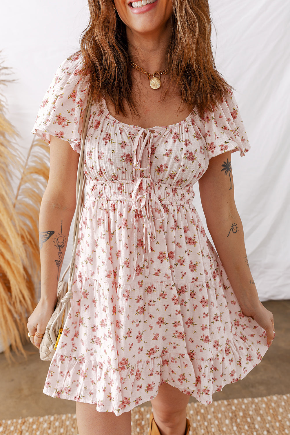 smocked babydoll dress Pink Floral Tie Front Tiered Mini M Prom Dress Xscape Ball A cropped denim jacket 3D lace Color:Wedgewood*