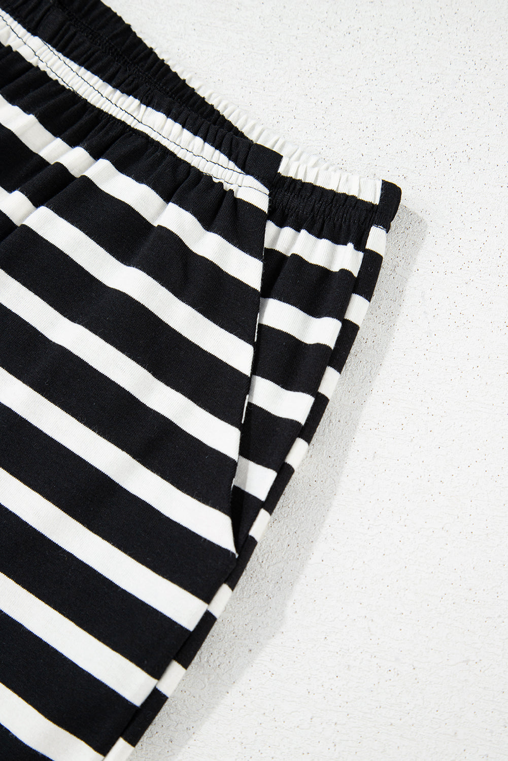 The Effortless Stripe Lounge Set – Black & White Short Sleeve Top and Above-the-Knee Shorts with Elastic Waistband