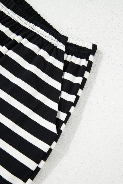 The Effortless Stripe Lounge Set – Black & White Short Sleeve Top and Above-the-Knee Shorts with Elastic Waistband