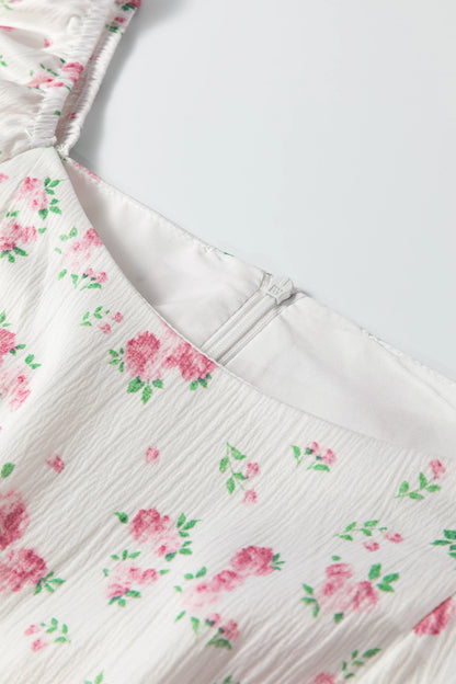 Soft White Floral Long Sleeve Mini Dress with Ruffle Tiers