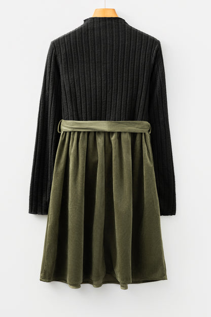 Two-Tone Ribbed Mock Neck Fit & Flare Dress – Tie-Waist Knee-Length Style