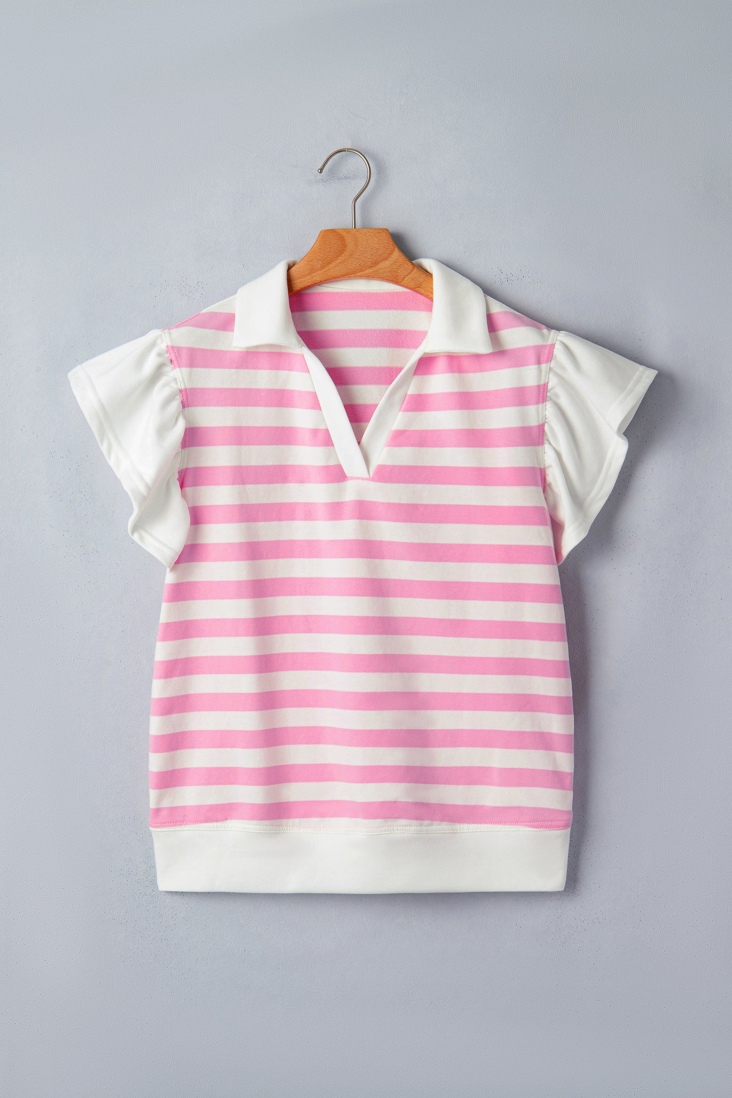 Striped Flutter Sleeve Collared Blouse – Casual Everyday Boutique Top