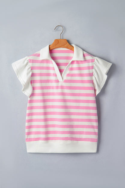 Striped Flutter Sleeve Collared Blouse – Casual Everyday Boutique Top