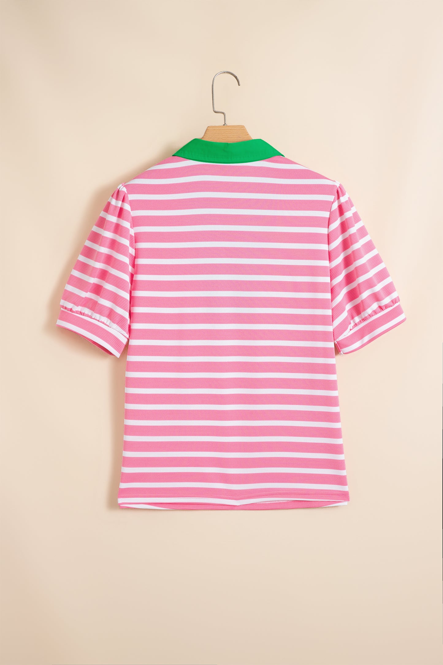 Pink Stripe Striped Contrast Collar Puff Sleeve Blouse