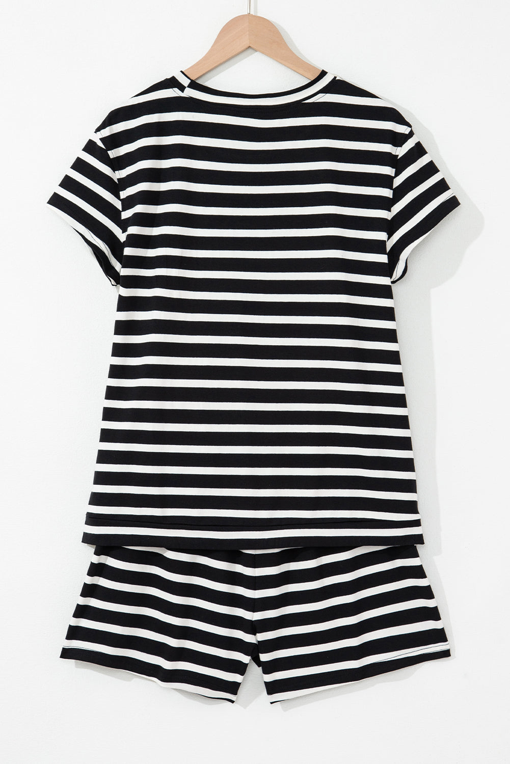 The Effortless Stripe Lounge Set – Black & White Short Sleeve Top and Above-the-Knee Shorts with Elastic Waistband