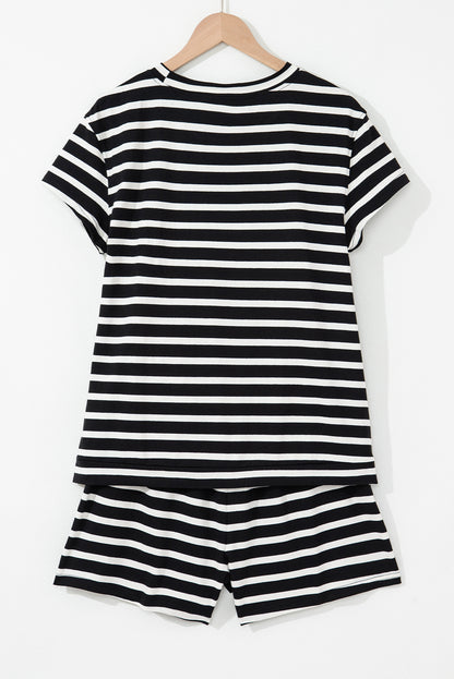 The Effortless Stripe Lounge Set – Black & White Short Sleeve Top and Above-the-Knee Shorts with Elastic Waistband