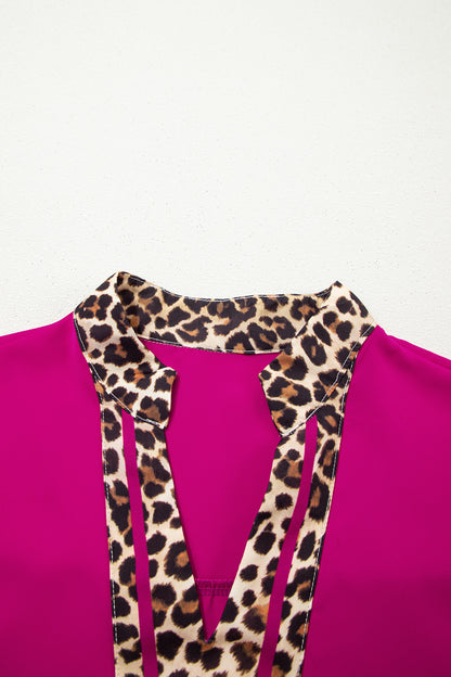 Leopard Trim Notch Neck Blouse – Lightweight Casual Contrast Top