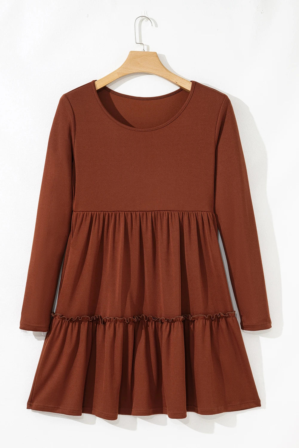 Soft Rust Ribbed Frilled Trim High‑Waist Long Sleeve Mini Dress