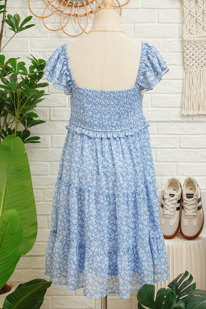 Blue Floral Smocked Square Neck Ruffle Sleeve Tiered Babydoll Mini Dress