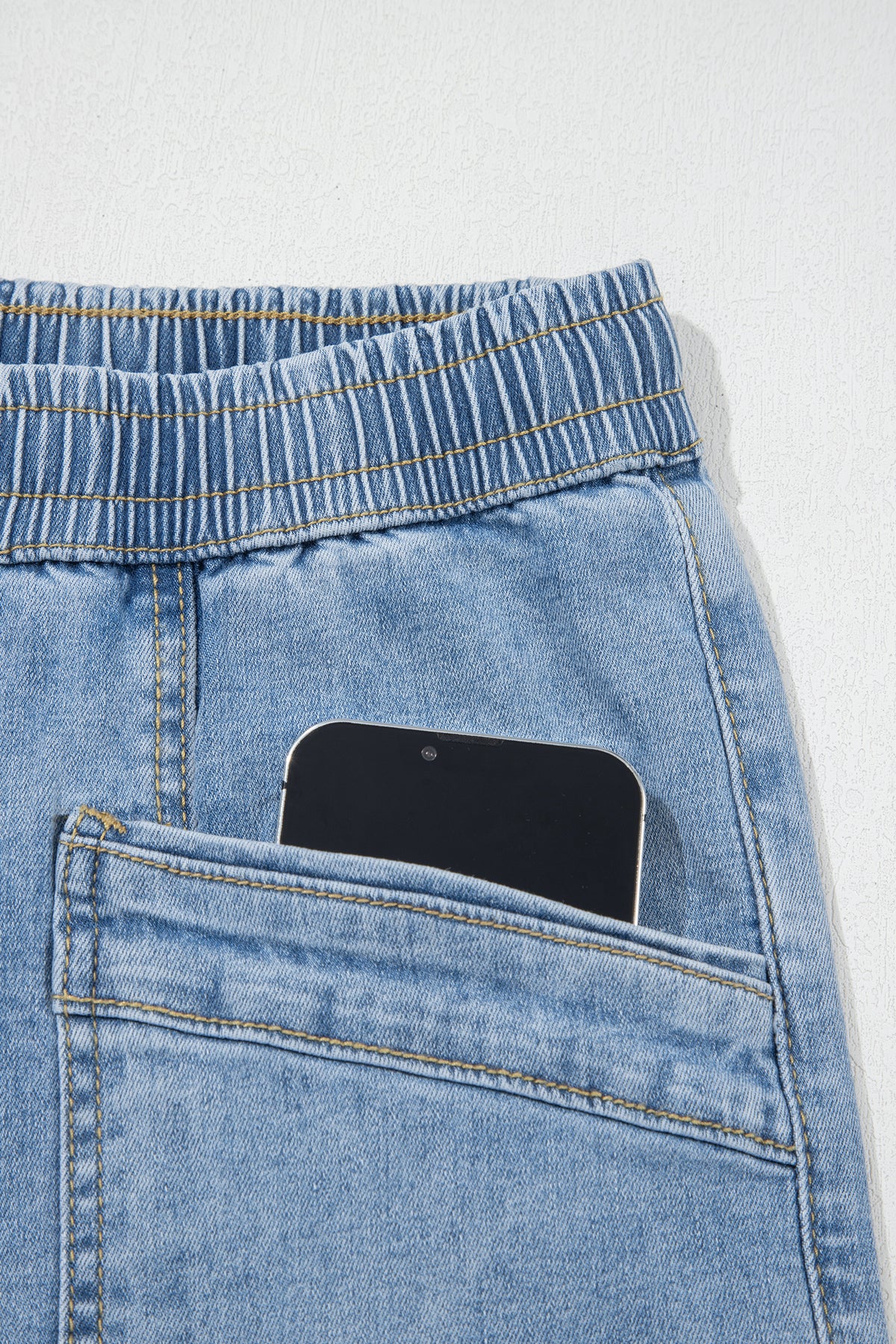 Light Wash Drawstring Wide Leg Jeans – High Rise Patch Pocket Denim